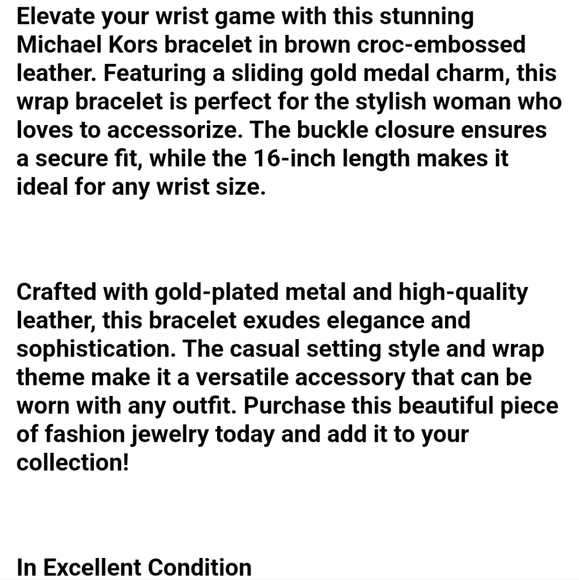 Michael Kors, Gold Bracelet  Sliding Medal Wrap Brown Croc Embossed Leather, EUC - Picture 5 of 5